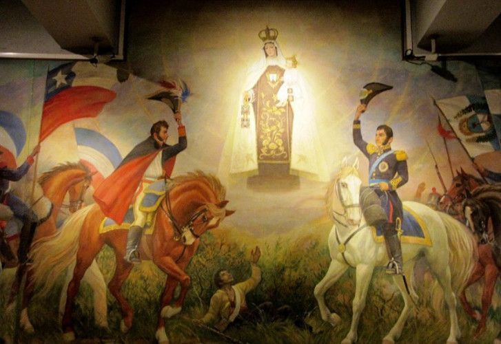 La Virgen del Carmen Ilumina el camino de O'Higgins y San Martín. Detalle del mural de Fray Pedro Subercaseaux, 1953. Museo del Carmen de Maipú