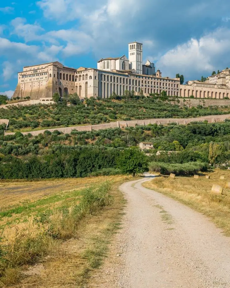La imagen muestra la Basílica de San Francisco de Asís (Basilica di San Francesco d'Assisi) y el Sacro Convento en Asís, Italia. 