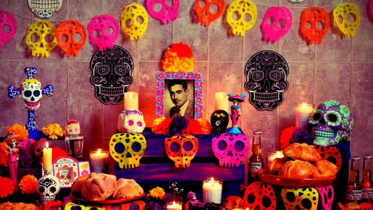 Un altar colorido del Día de Muertos con calaveras de azúcar, velas encendidas, pan de muerto, ofrendas florales y fotografías de difuntos, creando un ambiente festivo y conmemorativo