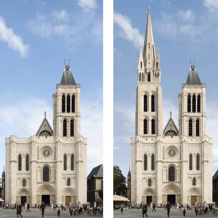 en la foto de la izquierda se ve la catedral de san denis sin la torre y en la de la izquierda se la ve con la torre recreada por AI