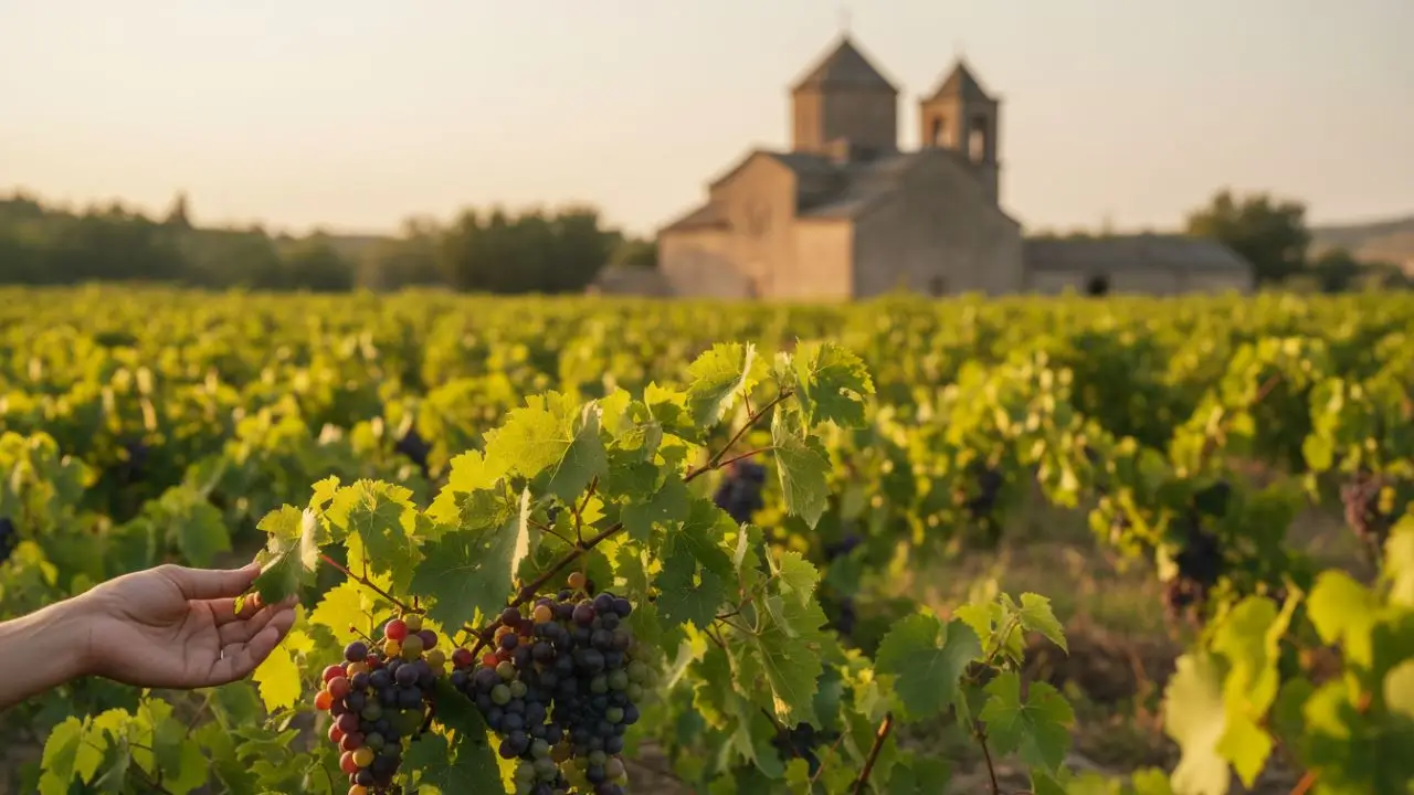 Viñedos verdes frente al Monasterio de Poblet, en la ruta del vino de la Cuenca de Barberá