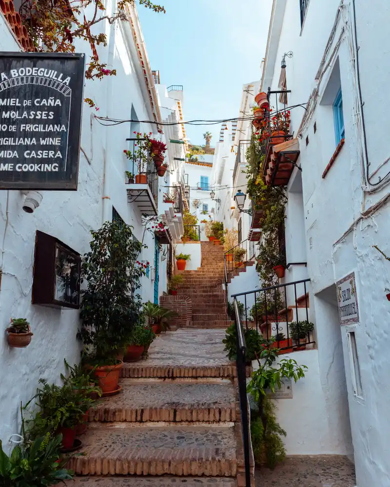 La imagen muestra una vista de las calles estrechas y escalonadas del pueblo blanco de Frigiliana, en Málaga, España