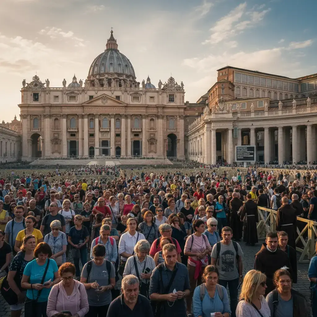 La imagen muestra a una gran multitud de personas congregadas en la Plaza de San Pedro, en la Ciudad del Vaticano, probablemente durante el anuncio de un nuevo Papa.
